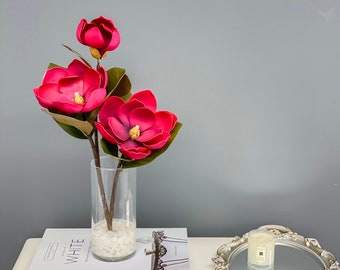 Arreglo floral de seda de tacto real alto-Magnolia premium en jarrón- 17'- Centro de mesa de magnolia rosa-Arreglo de invierno/magnolia sintética