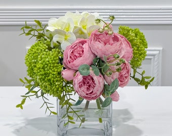 Pink Peonies and Hydrangea, Green Berries, Arrangement Artificial Faux Centerpiece, Elegant Mother's Day Centerpiece in Vase Home Decor