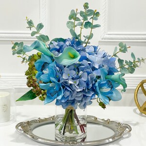 Blue French Country Flower Arrangement- Blue Floral Faux Artificial Arrangement-Real Touch Blue Hydrangea-Blue Calla Lily-Orchid Centerpiece