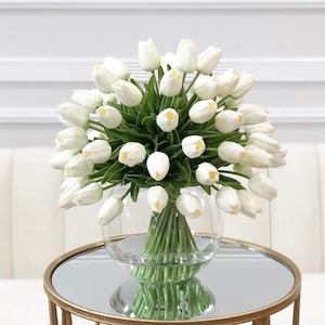 X-Large 60 Tulips Centerpiece Glass Vase-Finest Real Touch White Tulips-French Country Artificial Flower Centerpiece-Modern Faux Arrangement