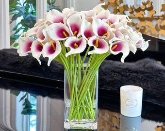 Real Touch Purple Ombre Real Touch Calla Lillies/ Faux Floral Flowers in Glass Vase /French Decor Arrangement/Unique Home Decor