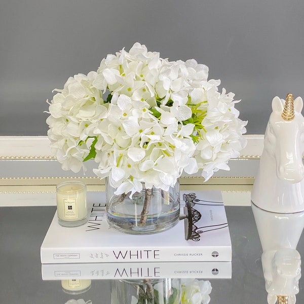 REAL TOUCH French Hydrangea Flower Arrangement-White Hydrangea Centerpiece -Dinner Table Floral Arrangement-Modern Arrangement