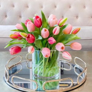 Faux Tulip Flower Arrangement-Real touch Tulips Centerpiece-Tulip Arrangement-Light Pink Dark Pink Tulip Centerpiece-Dine Centerpiece