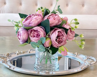 Peonie di composizione-seta di peonia rosa viola in vaso di vetro-peonia centrotavola-disposizione di fiori finti artificiali-centrotavola di fiori di seta
