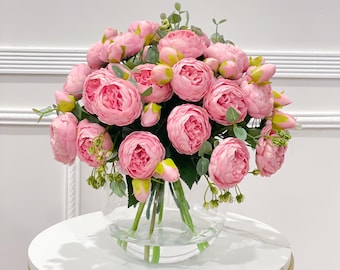 X-Large Pink Peony Centerpiece: Faux Floral Arrangement in Glass Vase