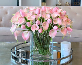 Exclusive Pink Real Touch Calla Lillies/Tulips Arrangement/ Faux Floral Flowers in Glass Vase /French Decor Arrangement/Unique Home Decor