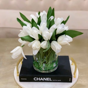 Real Touch White Tulip Centerpiece: Faux Floral Arrangement