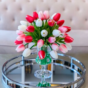Centro de mesa de tacto real -Centro de mesa de flores de tacto real-Arreglo de tulipán de tacto real rosa-Arreglo de tulipán falso-Tulipán de seda