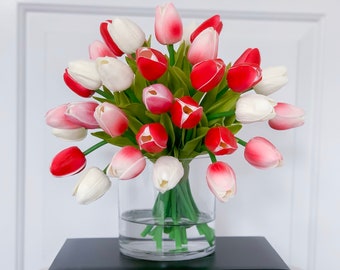 13" Tulips Real Touch Centerpiece-Real Touch Flower Arrangement-Pink Real Touch Tulip Arrangement-Faux Tulip Arrangement-Magenta Tulip