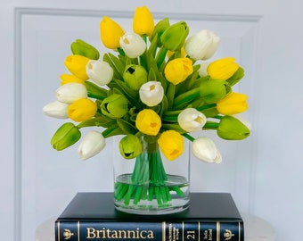 Real Touch Centerpiece-Real Touch White Tulip-Green Tulip-Real Touch Tulips-Arrangement -Faux Arrangement-Silk Faux Arrangement-Yellow Tulip