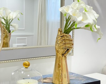 Real Touch White Calla Lily Arrangement: Faux Floral in Gold Vase