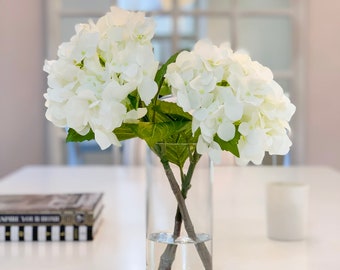 White Hydrangea Arrangement: Real Touch Faux Flowers in Glass Vase