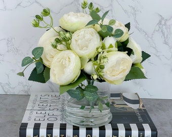 Silk Peony Arrangement: White Green Ombre, Faux Water Vase