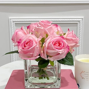 REAL TOUCH Pink Flower Arrangement-Modern Arrangements-Realistic-Lifelike Artificial Faux Arrangement-Forever Rose Arrangement