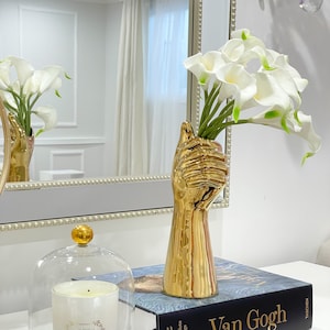 White Calla Lilies Real Touch Arrangement, Real Touch Flower Arrangement, Artificial Faux Centerpiece, Faux Floral in Modern Gold Vase