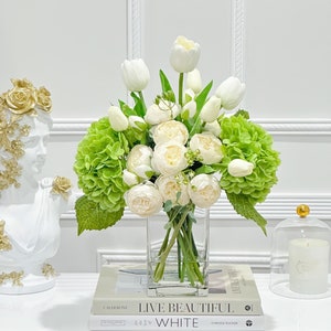White French Country Peonies,Tulip Peony For Home Decor, Floral Flower Arrangement, Real Touch Green Hydrangea Centerpiece In Glass Vase