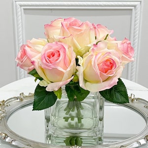 Finest Real Touch Pink Flower Arrangement-Modern Arrangements-Realistic-French Country Floral Arrangement-Artificial Faux Rose in Glass Vase