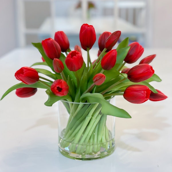 Red Arrangement-Red Faux Tulip Flower Arrangement-Tulip Arrangement-Red tulip Centerpiece-Modern Arrangement Centerpiece Home Decor