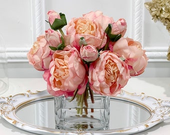 Artificial Pink Peony Arrangement: Faux Silk Centerpiece in Glass Vase