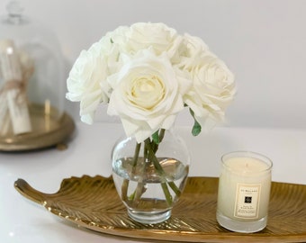 Real Touch White Rose Petite Arrangement, Faux Floral Arrangement