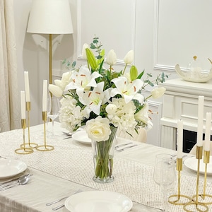 Large White French Flower Centerpiece, All Real Touch Floral Arrangement for Dinner,Foyer Table, French Centerpiece In Glass Vase Home Decor