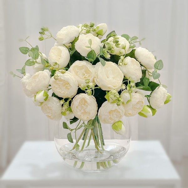 White Peony Centerpiece, French Peony Arrangement, Faux Peony Flower Arrangement Glass Vase, Artificial Peony Centerpiece, Dine Arrangement