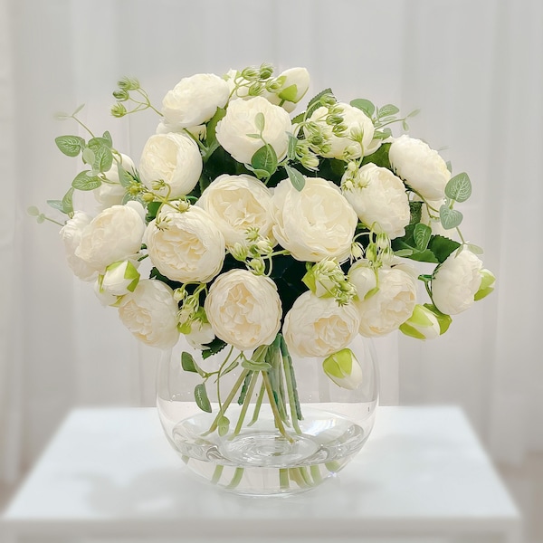 White Silk Peony Centerpiece: French Country Floral Arrangement