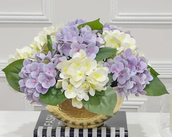 Grote, handgemaakte crèmekleurige, paarse hortensia van 15 inch: echt aanvoelend imitatiebloemstuk
