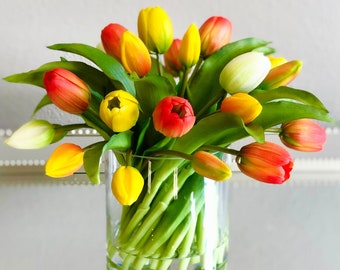Real Touch Tulip Centerpiece: Orange, Yellow & White Faux Floral Arrangement