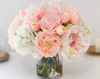 Real Touch Roses Floral Centerpiece w/ Pink Roses, Peonies, Tulips and White Hydrangeas as Centerpiece or Arrangement Living Room Home Decor