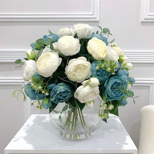 X-Large Blue Rose Peony Arrangement, Holiday Peony Centerpiece, Handmade French Country Silk Flower Arrangement Dining Table