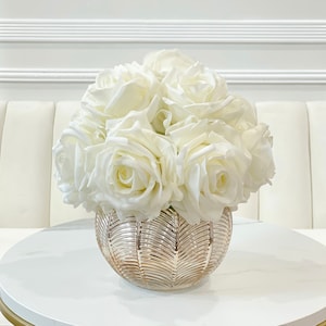 Real Touch White Rose Arrangement, Dining Table Centerpiece Gold Vase Modern, Floral Arrangement Home Decor, Artificial Roses Arrangement