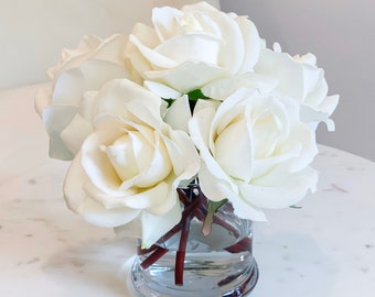 White Rose Artificial Arrangement-Real Touch Roses Centerpiece-Roses Real Touch Flower Arrangement-Faux Flowers Rose Centerpieces-White Rose