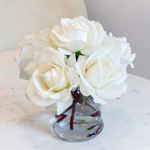White Rose Artificial Arrangement-Real Touch Roses Centerpiece-Roses Real Touch Flower Arrangement-Faux Flowers Rose Centerpieces-White Rose
