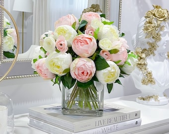 Handcrafted Pink & White Silk Peony Arrangement: French Country Floral Decor