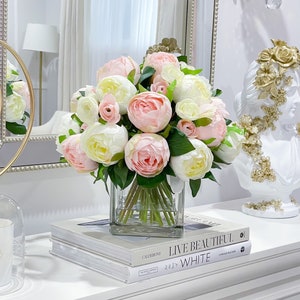 Modern Pink-White Peonies Arrangement , French Country Artificial Faux Flower Arrangement-Luxury Silk Flowers In Glass Vase For Home Decor