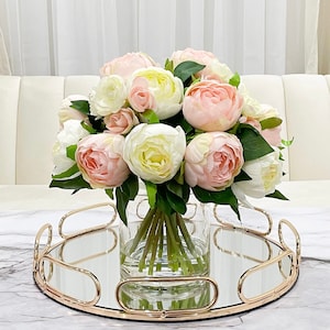 Modern Pink,White Peonies Arrangement , French Country Artificial Faux Flower Arrangement, Luxury Silk Flowers In Glass Vase For Home Decor