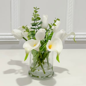 White Tulips, Calla Lily Real Touch Modern Floral Arrangement, Artificial Faux Forever Fake Flowers in Glass Vase, Home Decor Tulips Flower