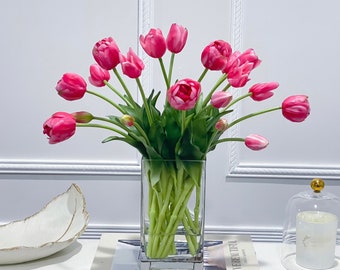 Rosa Tulpenarrangement, Real Touch Tulip Mittelstück, Blumenarrangement im französischen Landhausstil, Real Touch Tulips Herzstück für Wohnkultur