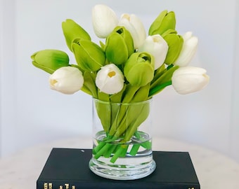 Artificial Flowers-Real Touch Flowers Arrangement-Centerpiece -Green Real Touch Tulip-Tulips Centerpiece-Faux Arrangement-Acrylic Water