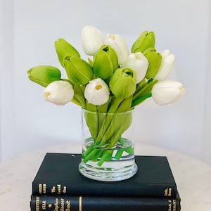 Artificial Flowers-Real Touch Flowers Arrangement-Centerpiece -Green Real Touch Tulip-Tulips Centerpiece-Faux Arrangement-Acrylic Water