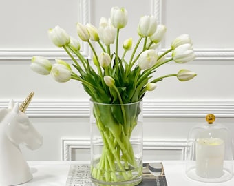 Spring Real Touch Tulips in Glass Vase, Faux Flower Arrangement, French Country Tulip Style, Floral Arrangement Home Decor