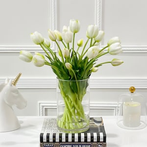 Spring Real Touch Tulips in Glass Vase, Faux Flower Arrangement, French Country Tulip Style, Floral Arrangement Home Decor