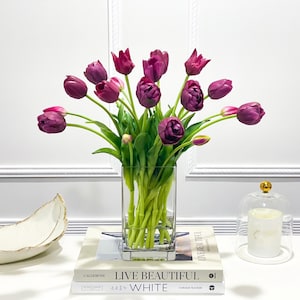 Dark Purple Tulip Arrangement, Real Touch Tulip Centerpiece, Faux Tulip Flower Arrangement, Real Touch Tulips Centerpiece for Home Decor