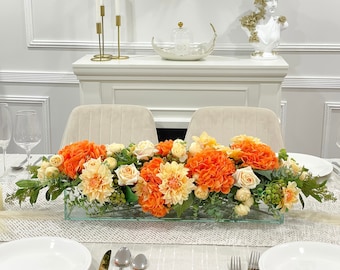 Real Touch Orange Floral Centerpiece: Silk Hydrangea, Roses, Peonies