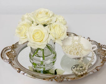 REAL TOUCH Flower Arrangement-Silk Floral Arrangements-Silk Rose Arrangement-Cream/Ivory Real Touch Rose Flower Arrangement-Faux Arrangement