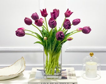 Arreglo de tulipán púrpura oscuro, pieza central de tulipán de toque real, arreglo de flores de tulipán falso, pieza central de tulipanes de toque real para decoración del hogar