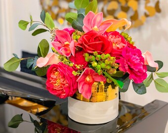 Rotes Weihnachtsgesteck Gold Vase-Herbst Centerpiece Magenta Rosen-Rot Weihnachten Centerpiece-Rosa Seide BlumenGesteck Esstisch Geschenk