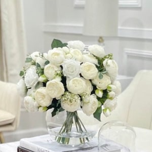 X-Large White Rose Peony Arrangement, Artificial Faux Peony Centerpiece, French Country Floral Arrangement, Home Decor Modern Arrangement