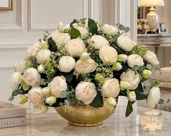 Large Faux White Peony Centerpiece: French Country Gold Vase Arrangement